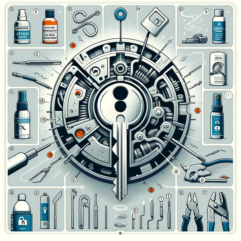 Illustration informative montrant une situation de clé cassée dans une serrure, entourée d'outils et de méthodes pour l'extraction sécurisée de la clé.