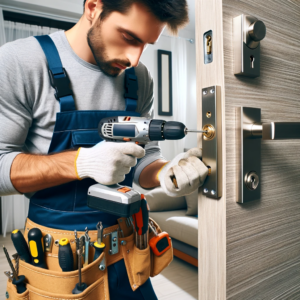 Serrurier professionnel installant une serrure moderne sur une porte, illustrant l'expertise et la précision nécessaires pour une installation sécurisée.