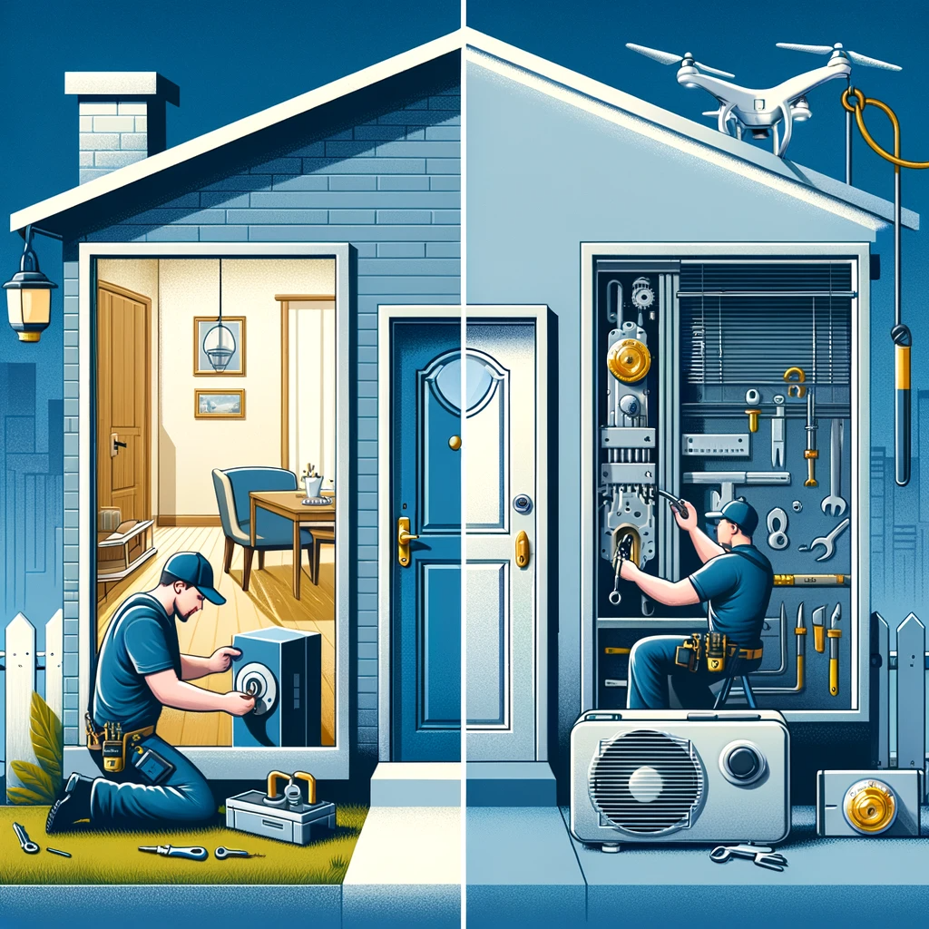 Image divisée en deux sections illustrant les différences entre les services de serrurerie résidentiels et commerciaux, avec un serrurier travaillant dans un cadre résidentiel et un autre dans un environnement commercial.